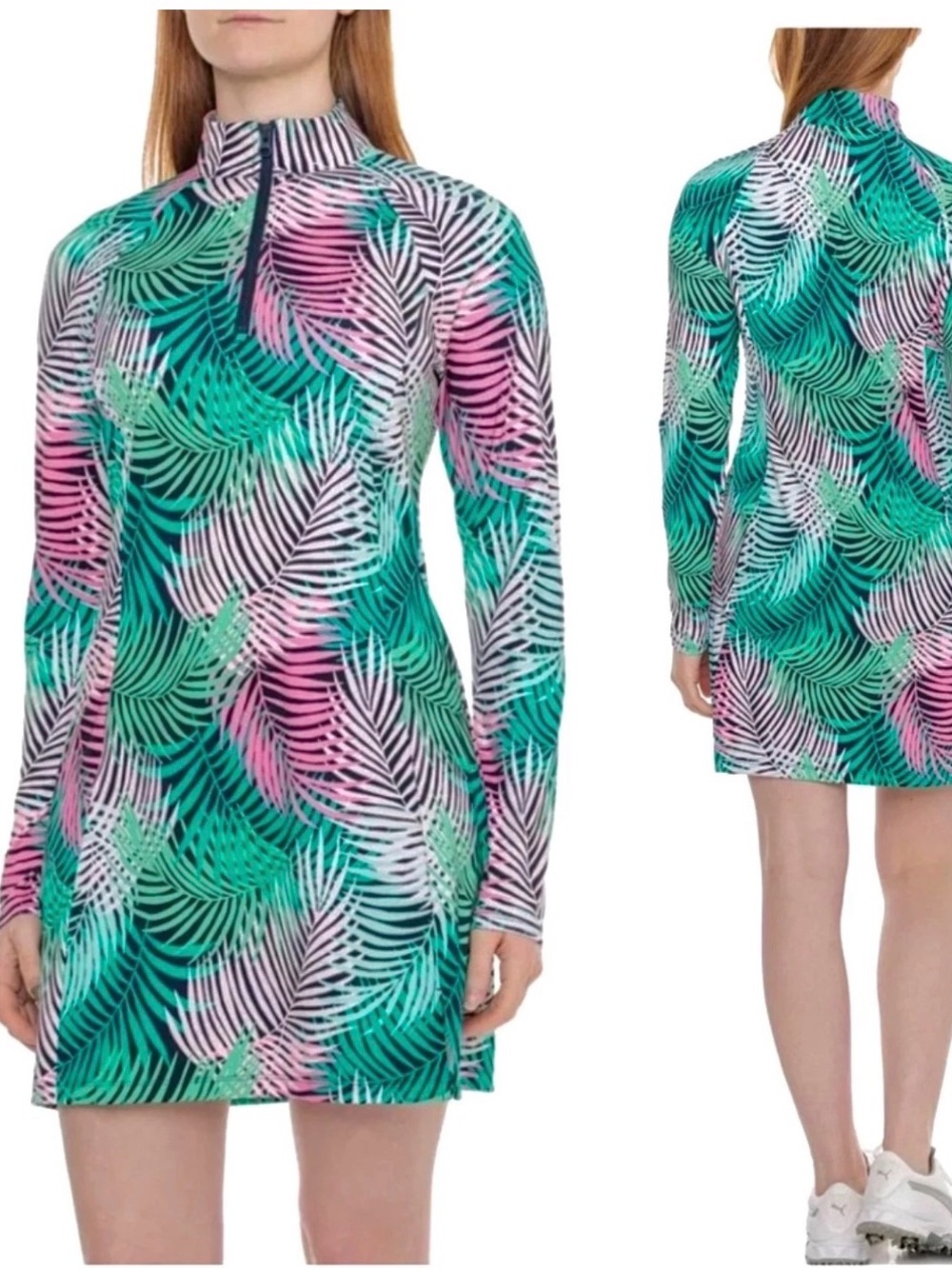M Tommy Bahama Golf Dress Long Sleeve New Green Pink Tropical UPF 50 1/4 Zip Med
